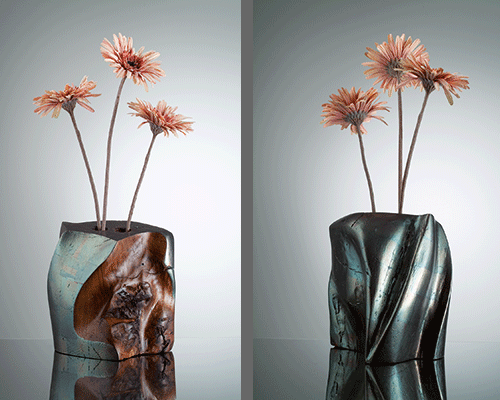 ArsObjectum - handgeschnitzte Vase kombinert mit Blattsilber oxidiert